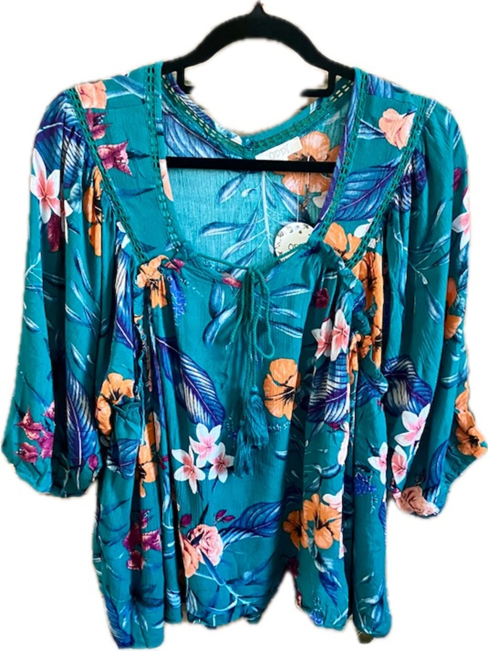 ODDY Teal Floral Tie-Neck Tunic